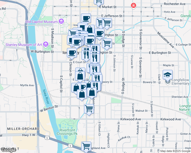 map of restaurants, bars, coffee shops, grocery stores, and more near 16 South Gilbert Street in Iowa City