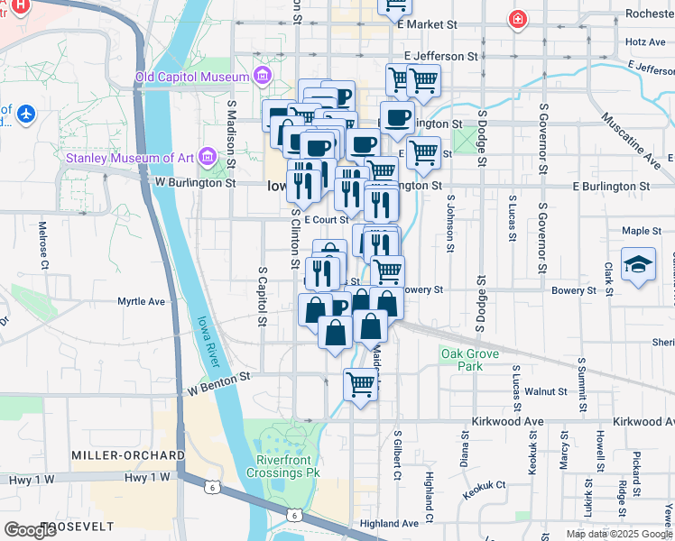 map of restaurants, bars, coffee shops, grocery stores, and more near 512 South Dubuque Street in Iowa City