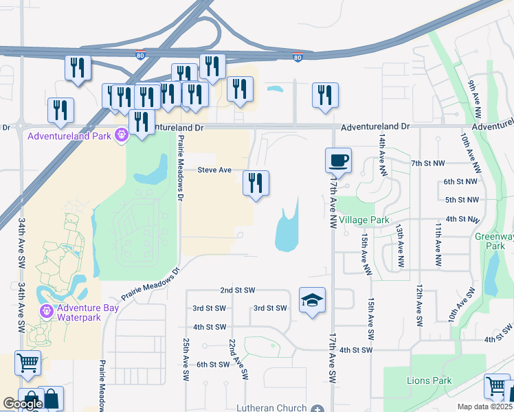 map of restaurants, bars, coffee shops, grocery stores, and more near 1 Prairie Meadows Dr in Altoona