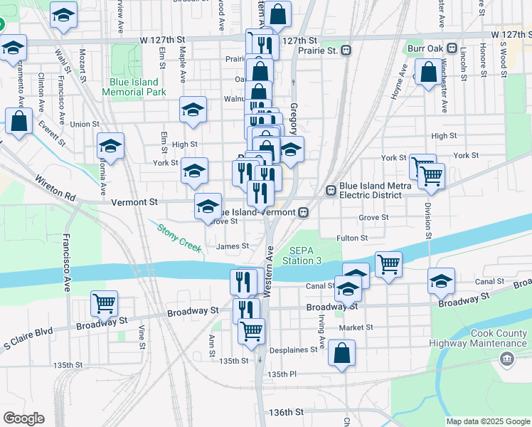 map of restaurants, bars, coffee shops, grocery stores, and more near 13121 South Western Avenue in Blue Island