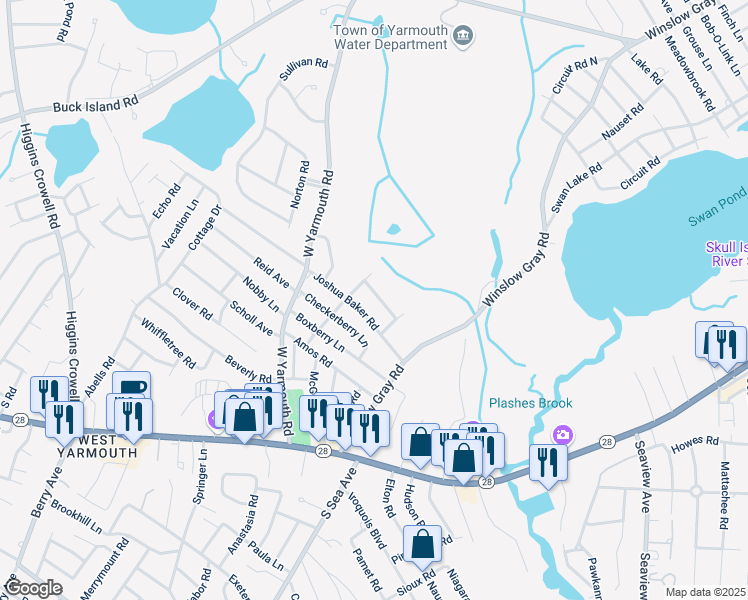 map of restaurants, bars, coffee shops, grocery stores, and more near 11 Candlewood Lane in Yarmouth