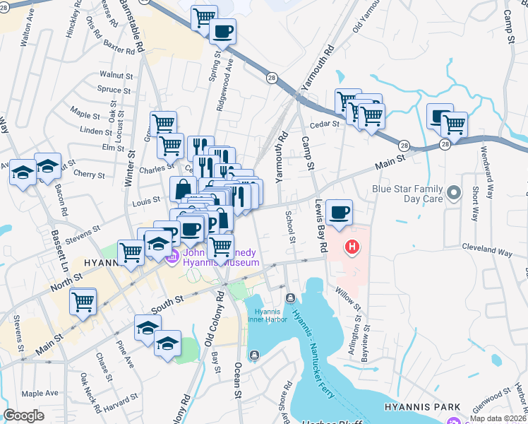 map of restaurants, bars, coffee shops, grocery stores, and more near 201 Main Street in Barnstable