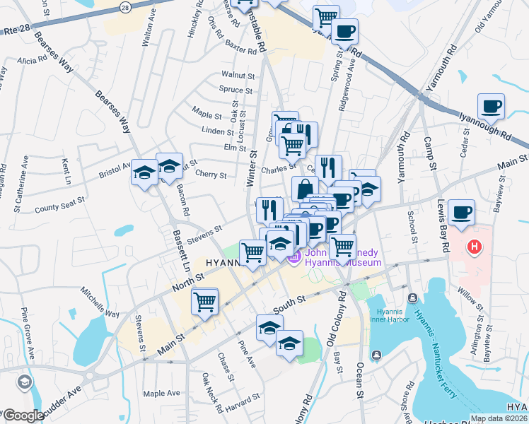 map of restaurants, bars, coffee shops, grocery stores, and more near 65 Louis Street in Barnstable