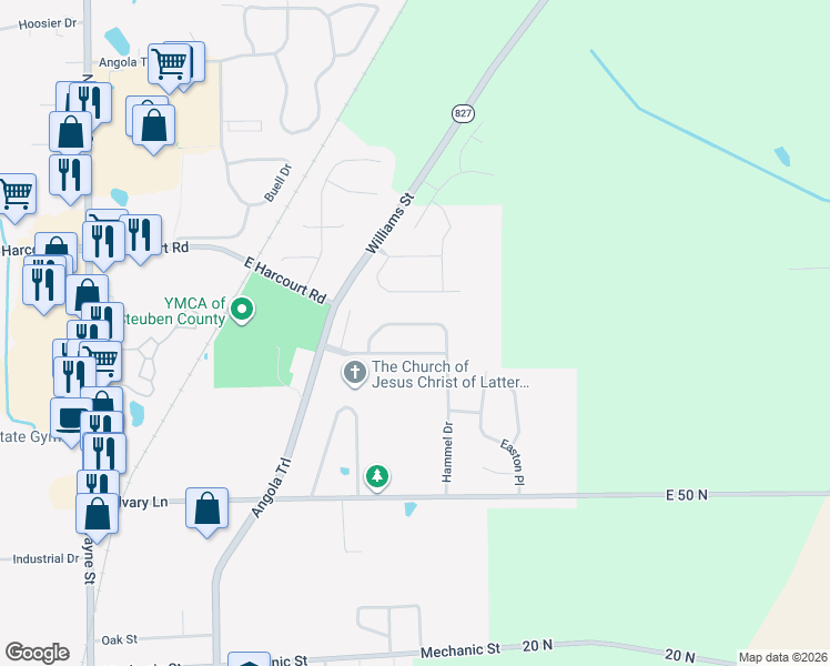 map of restaurants, bars, coffee shops, grocery stores, and more near 1523 Hammel Drive in Angola