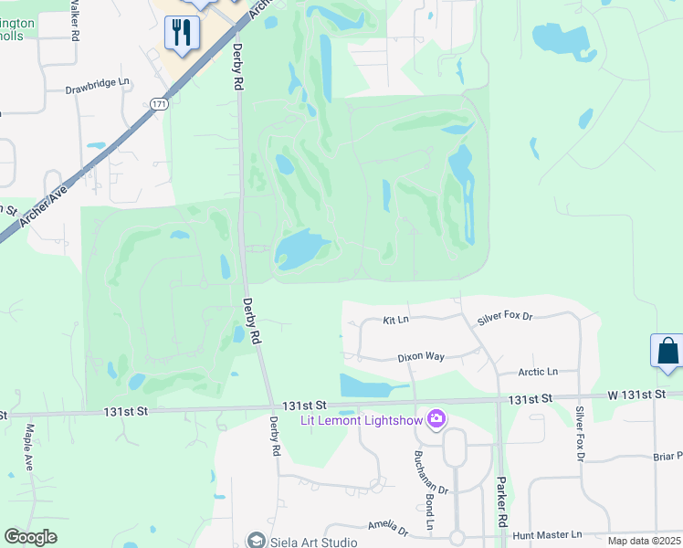 map of restaurants, bars, coffee shops, grocery stores, and more near 8 Ruffled Feathers Drive in Lemont