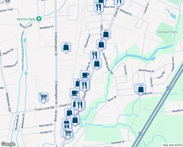 map of restaurants, bars, coffee shops, grocery stores, and more near 363 East Street in Plainville