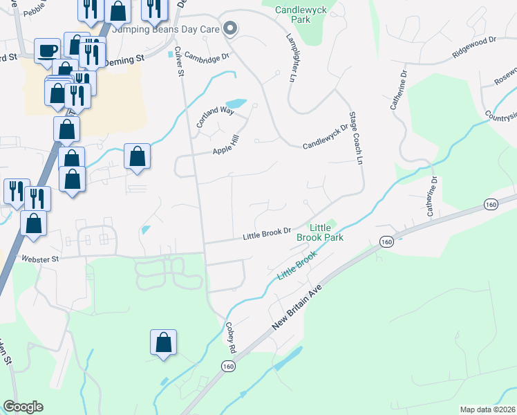 map of restaurants, bars, coffee shops, grocery stores, and more near 24 Kowal Court in Newington