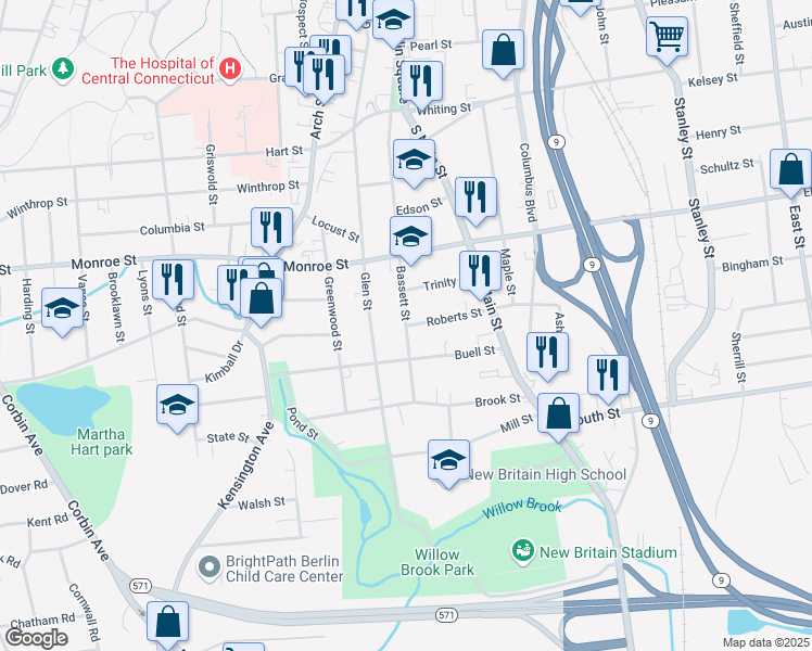 map of restaurants, bars, coffee shops, grocery stores, and more near Bassett St & Roberts St in New Britain