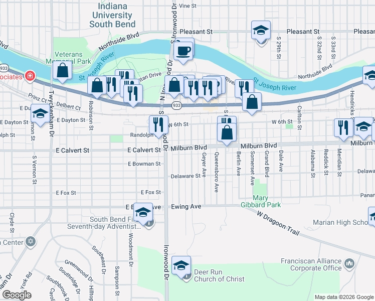 map of restaurants, bars, coffee shops, grocery stores, and more near 2703 Milburn Boulevard in Mishawaka