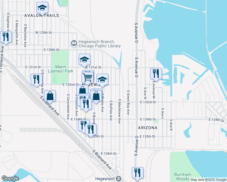 map of restaurants, bars, coffee shops, grocery stores, and more near 13217 South Buffalo Avenue in Chicago