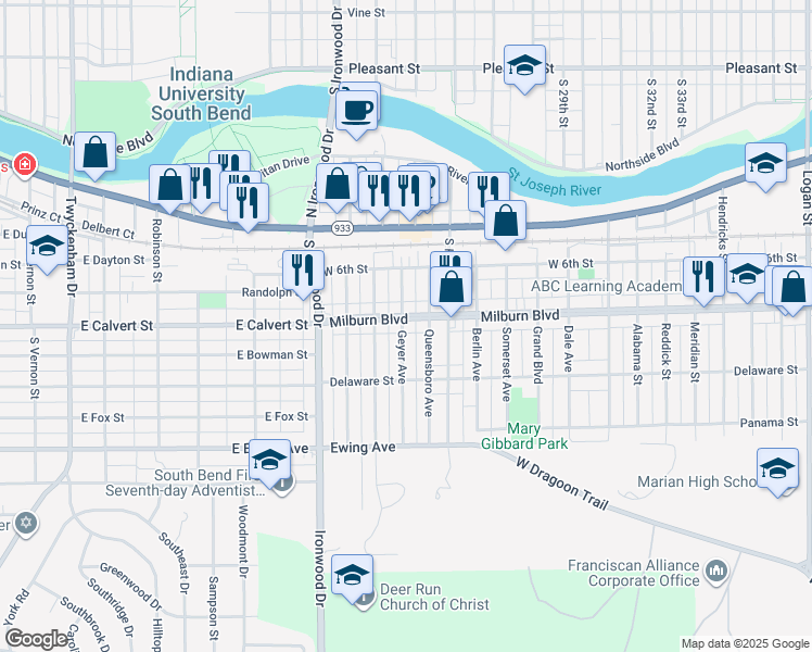 map of restaurants, bars, coffee shops, grocery stores, and more near 706 Geyer Avenue in Mishawaka