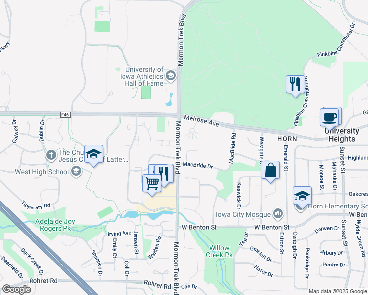 map of restaurants, bars, coffee shops, grocery stores, and more near 2330 Jessup Circle in Iowa City