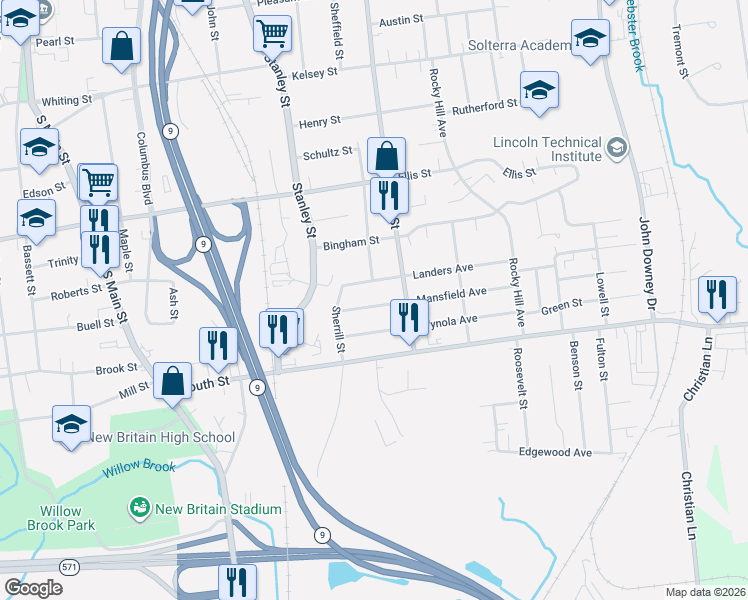 map of restaurants, bars, coffee shops, grocery stores, and more near 46 Mansfield Avenue in New Britain