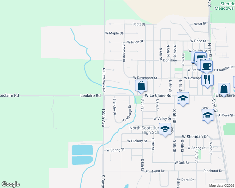 map of restaurants, bars, coffee shops, grocery stores, and more near 936-1132 West Le Claire Road in Eldridge