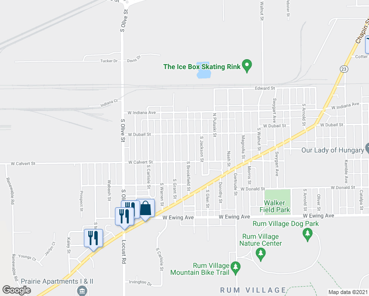 map of restaurants, bars, coffee shops, grocery stores, and more near 1801 South Brookfield Street in South Bend