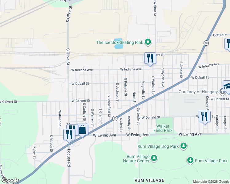 map of restaurants, bars, coffee shops, grocery stores, and more near 1724 South Brookfield Street in South Bend