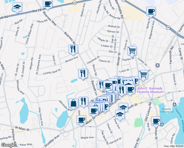 map of restaurants, bars, coffee shops, grocery stores, and more near 120 Bearses Way in Barnstable