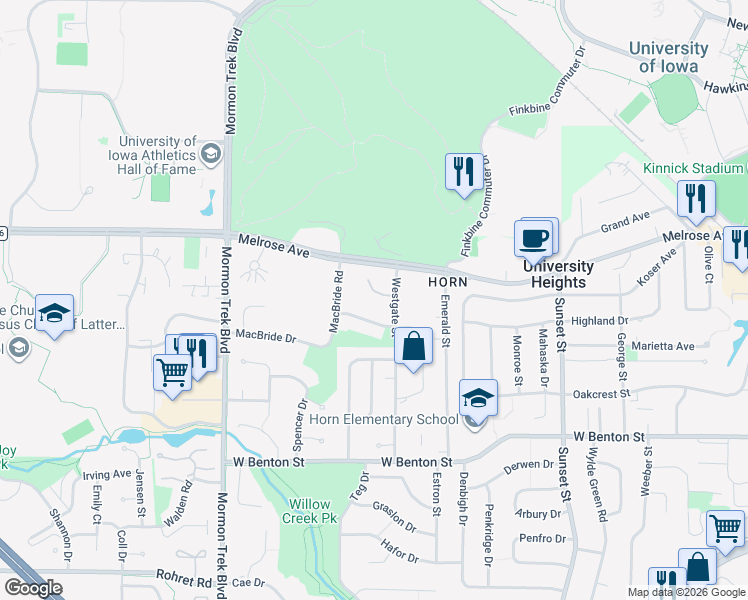 map of restaurants, bars, coffee shops, grocery stores, and more near 5 Gilmore Court in Iowa City