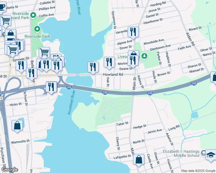 map of restaurants, bars, coffee shops, grocery stores, and more near 0 Oak Street in Fairhaven