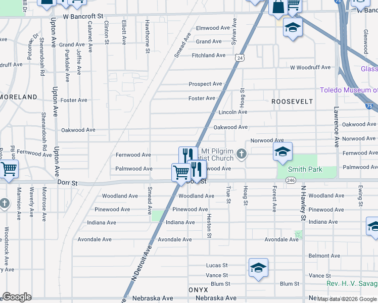 map of restaurants, bars, coffee shops, grocery stores, and more near 1406 Fernwood Ave in Toledo