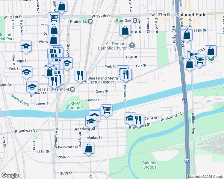 map of restaurants, bars, coffee shops, grocery stores, and more near 2046 Grove Street in Blue Island