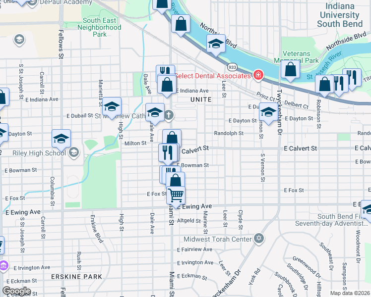 map of restaurants, bars, coffee shops, grocery stores, and more near 1137 East Calvert Street in South Bend