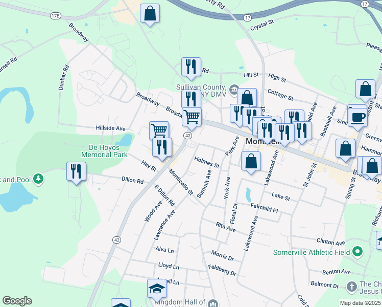 map of restaurants, bars, coffee shops, grocery stores, and more near 10 Wood Avenue in Monticello
