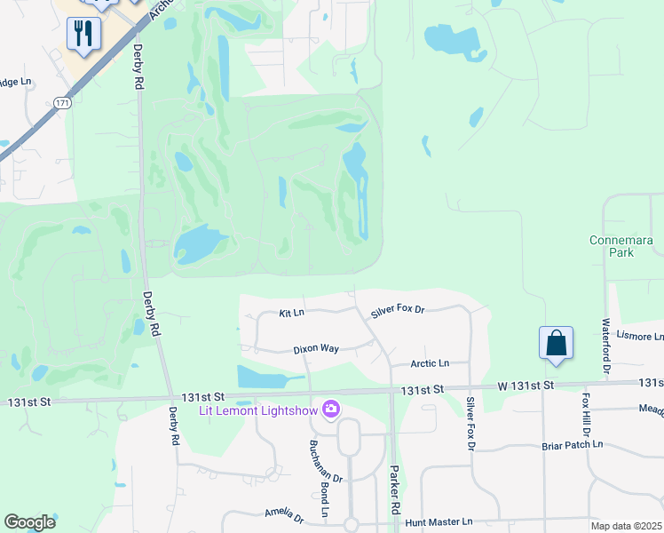 map of restaurants, bars, coffee shops, grocery stores, and more near 111 Ruffled Feathers Drive in Lemont