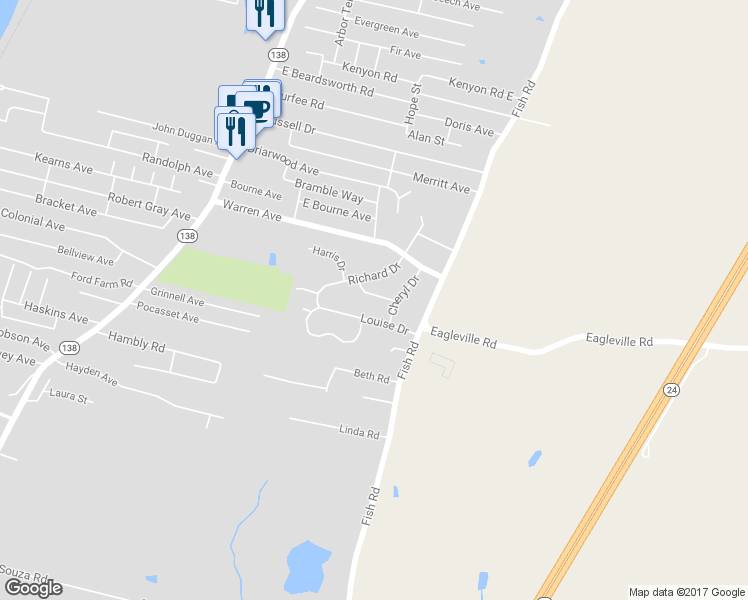 map of restaurants, bars, coffee shops, grocery stores, and more near 20 Carl Drive in Tiverton