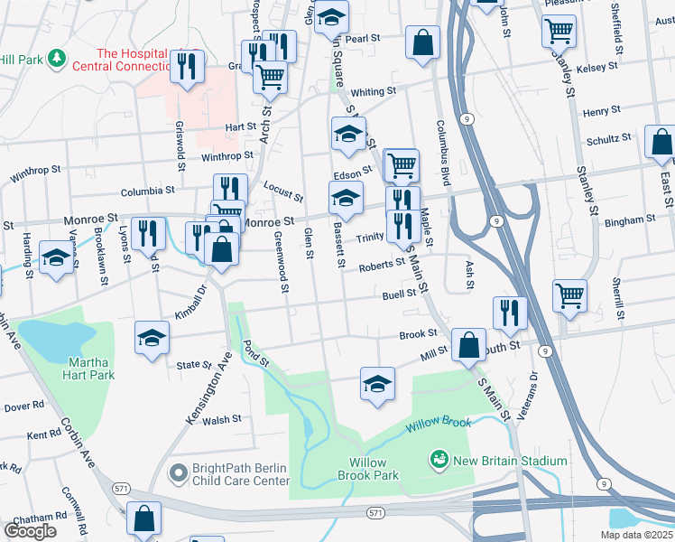 map of restaurants, bars, coffee shops, grocery stores, and more near 223 Bassett Street in New Britain