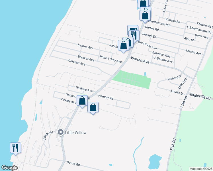 map of restaurants, bars, coffee shops, grocery stores, and more near 8 Pocasset Avenue in Tiverton