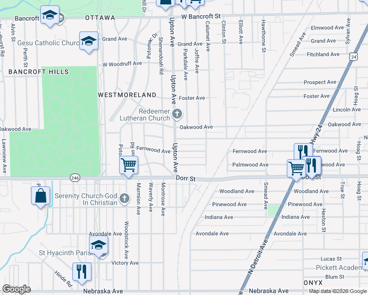 map of restaurants, bars, coffee shops, grocery stores, and more near 1850 Fernwood Avenue in Toledo