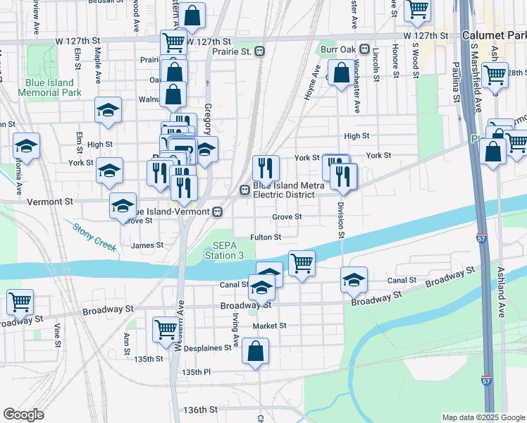 map of restaurants, bars, coffee shops, grocery stores, and more near 2200 Grove Street in Blue Island