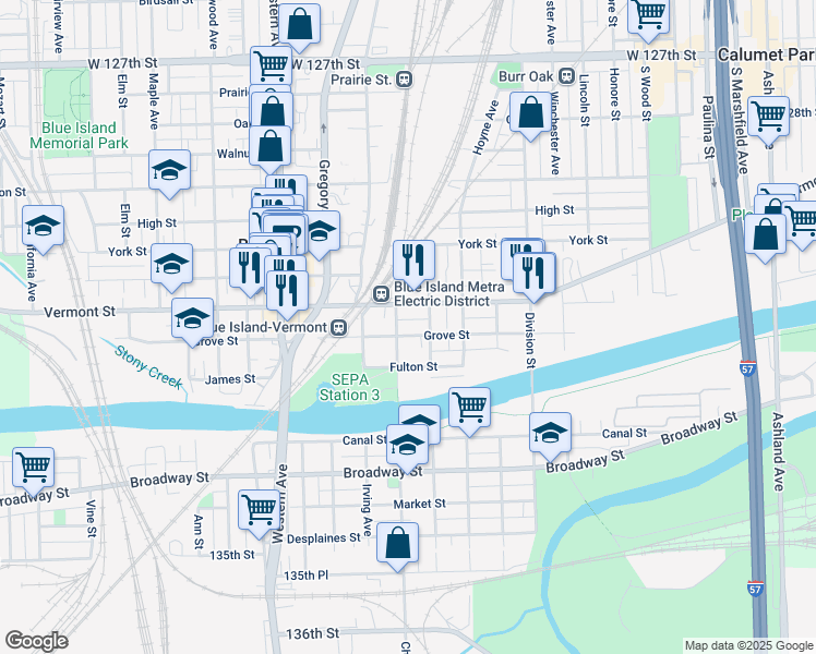 map of restaurants, bars, coffee shops, grocery stores, and more near 2200 Grove Street in Blue Island