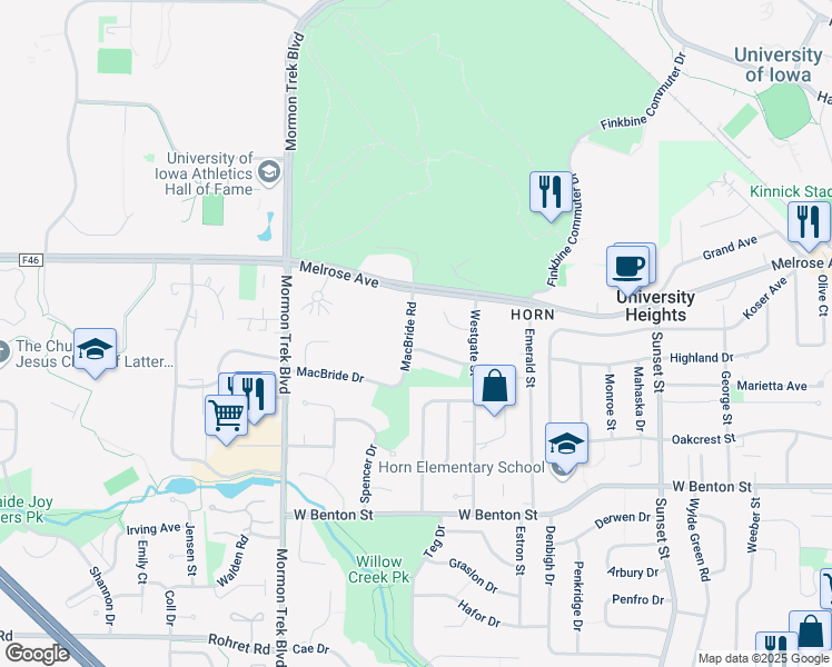 map of restaurants, bars, coffee shops, grocery stores, and more near 336 Macbride Road in Iowa City