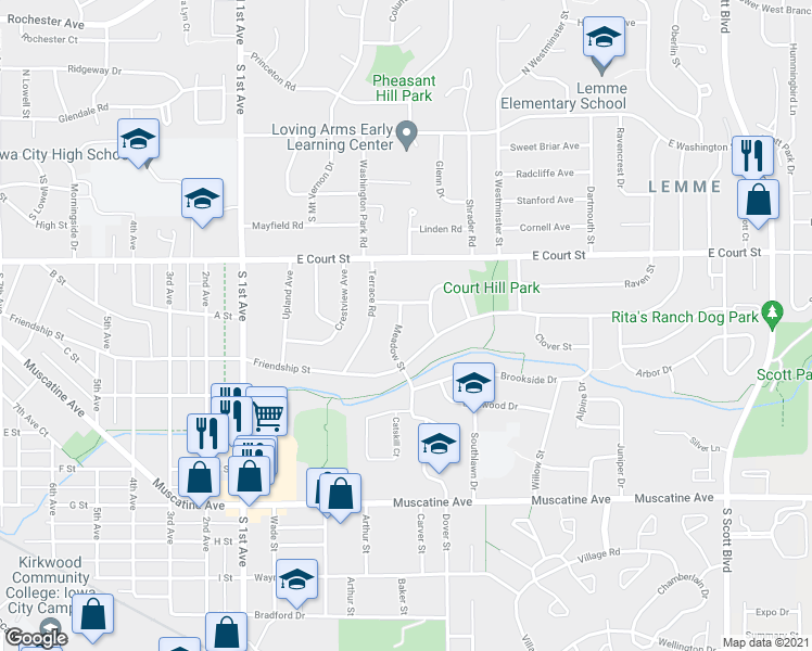 map of restaurants, bars, coffee shops, grocery stores, and more near 510 Meadow Street in Iowa City