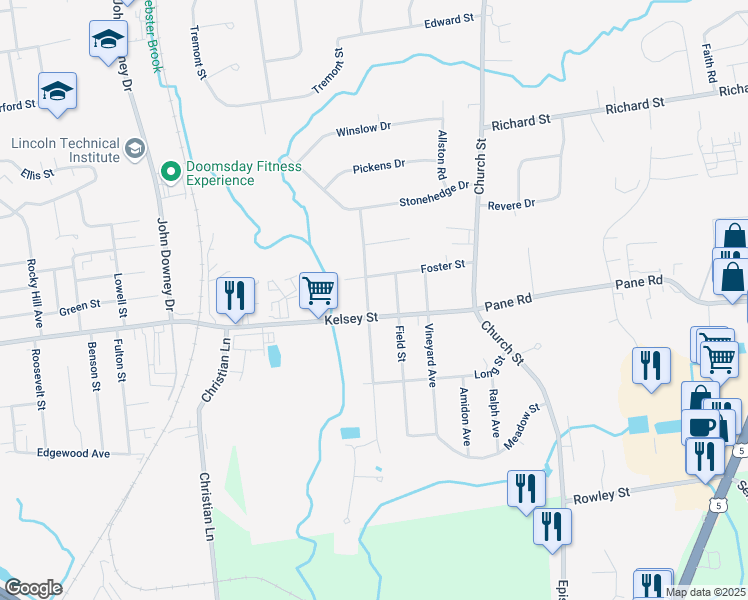 map of restaurants, bars, coffee shops, grocery stores, and more near 178 Orchard Avenue in Newington