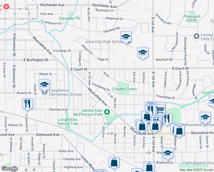 map of restaurants, bars, coffee shops, grocery stores, and more near 1830 Friendship Street in Iowa City