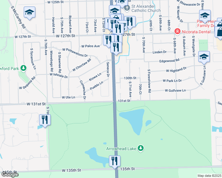 map of restaurants, bars, coffee shops, grocery stores, and more near 13017 Seneca Drive in Palos Heights
