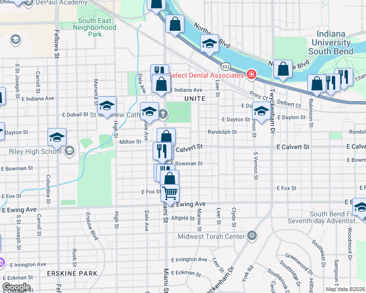 map of restaurants, bars, coffee shops, grocery stores, and more near 1137 East Calvert Street in South Bend
