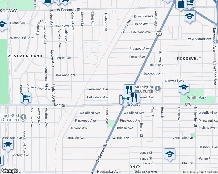 map of restaurants, bars, coffee shops, grocery stores, and more near 1524 Fernwood Avenue in Toledo