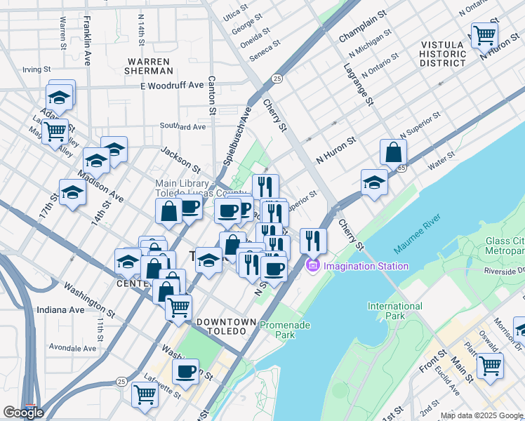 map of restaurants, bars, coffee shops, grocery stores, and more near 604 Jackson Street in Toledo