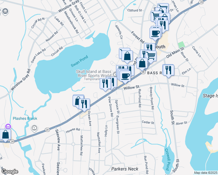 map of restaurants, bars, coffee shops, grocery stores, and more near 928 Massachusetts 28 in Yarmouth