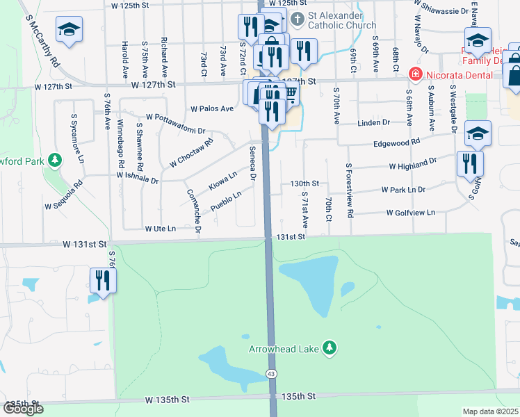 map of restaurants, bars, coffee shops, grocery stores, and more near 13017 Seneca Drive in Palos Heights