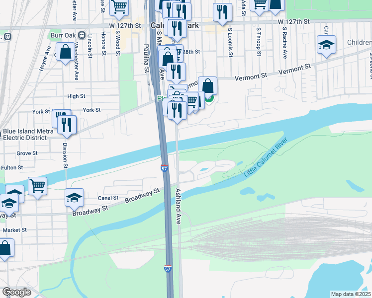 map of restaurants, bars, coffee shops, grocery stores, and more near 13153 South Ashland Avenue in Calumet Park