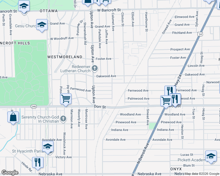 map of restaurants, bars, coffee shops, grocery stores, and more near 1804 Fernwood Avenue in Toledo