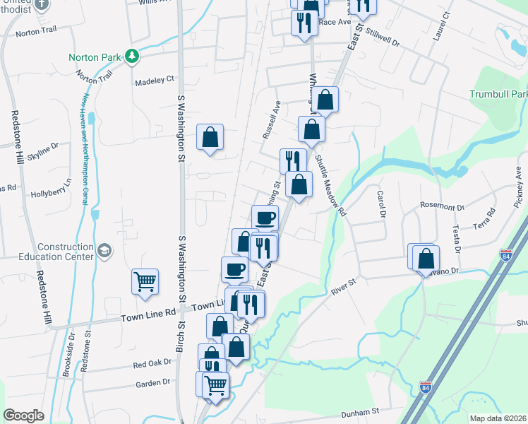 map of restaurants, bars, coffee shops, grocery stores, and more near 53 Twining Street in Plainville