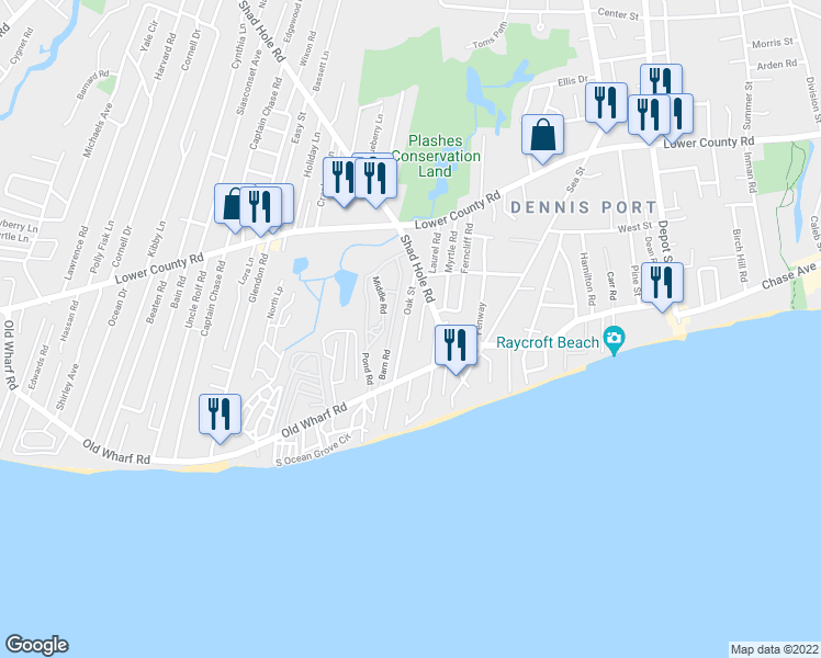 map of restaurants, bars, coffee shops, grocery stores, and more near 26 Oak Street in Dennis