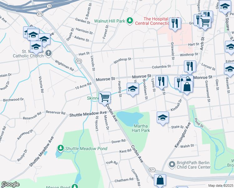 map of restaurants, bars, coffee shops, grocery stores, and more near 125 Harding Street in New Britain