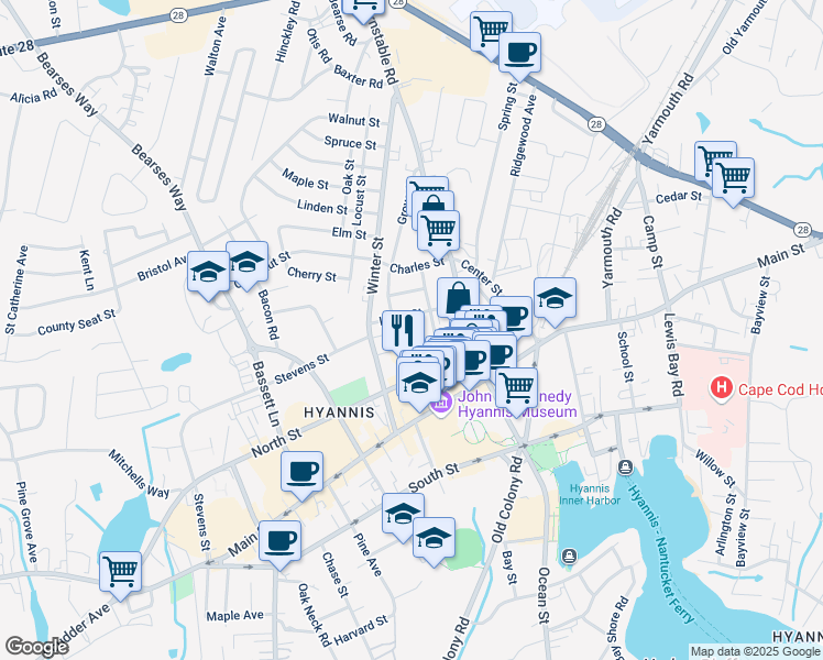 map of restaurants, bars, coffee shops, grocery stores, and more near 46 North Street in Barnstable